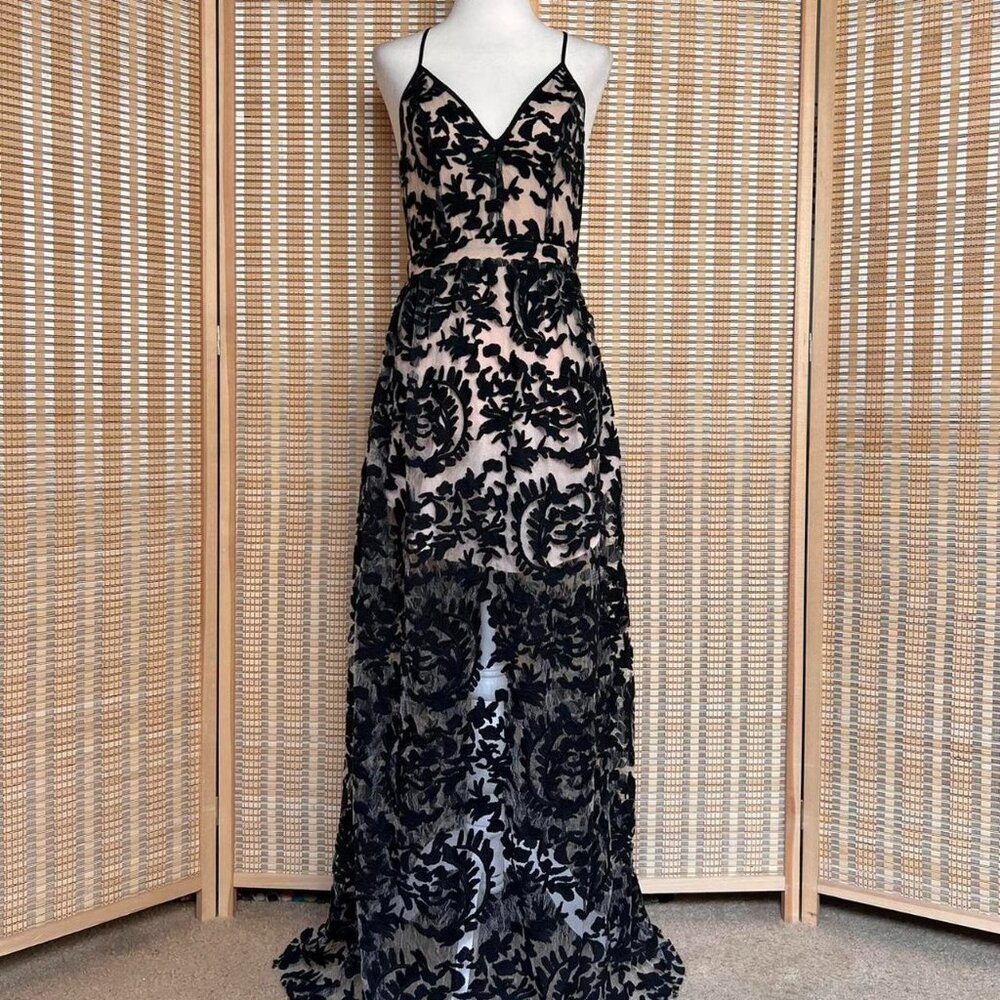 NBD black floral lace maxi dress with sweetheart neckline